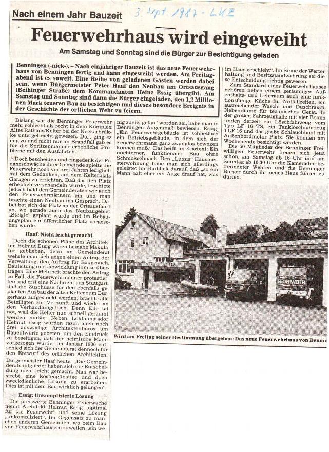 Pressebericht zur Einweihung des Feuerwehrhauses, mit freundlicher Genehmigung der Ludwigsburger Kreiszeitung